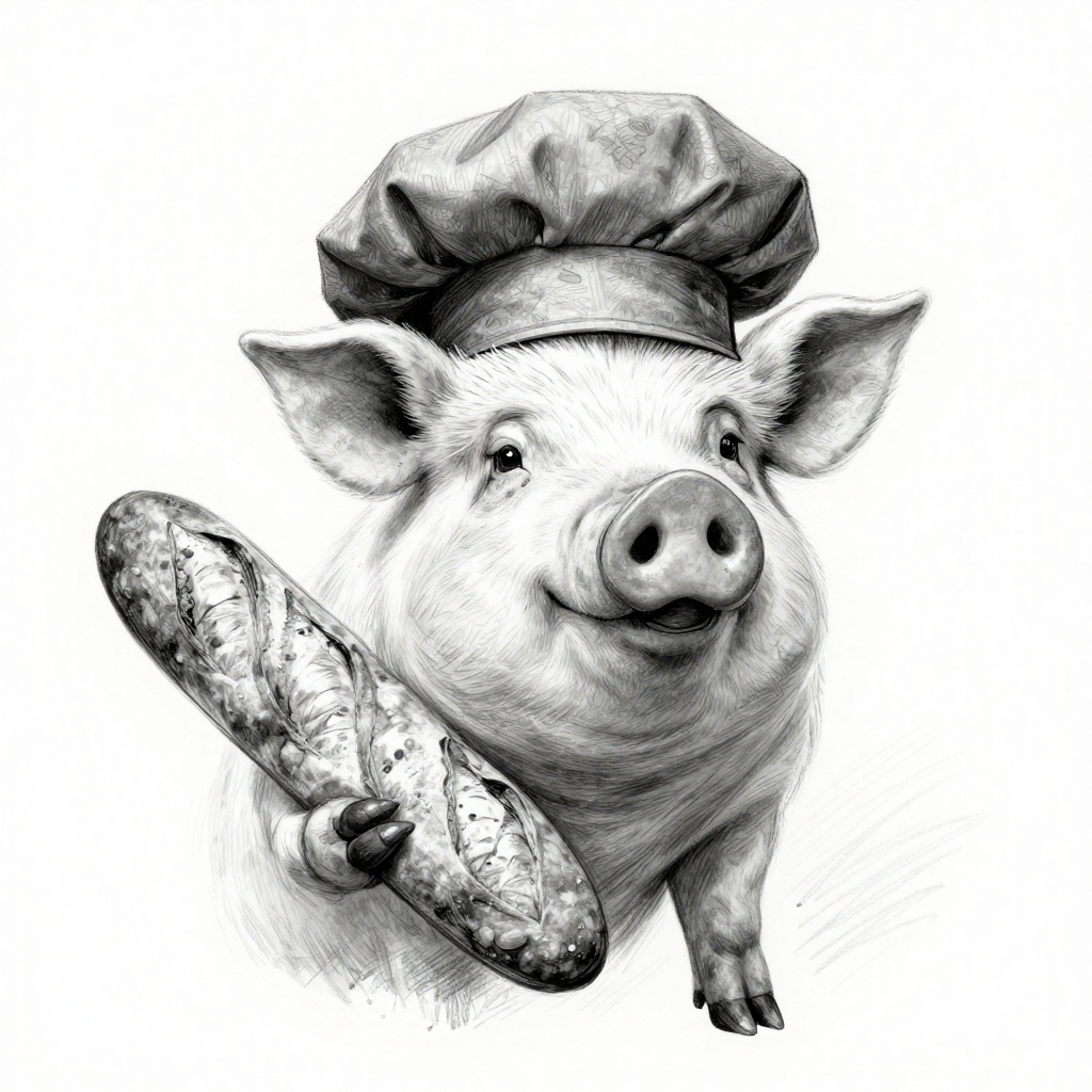 The Baking Ham... (a pig wearing a baker's hat and holding a baguette)