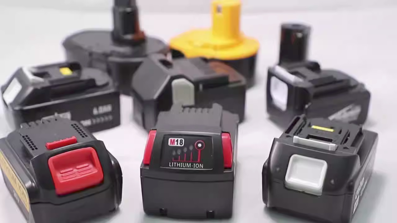 Cordless tool batteries are often defined by voltage, brand, and connection type, many of which are not interchangeable, as shown here. 